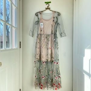 Unique Sheer Spring Summer Dress Embroidered Florals Slip See Through Tulle